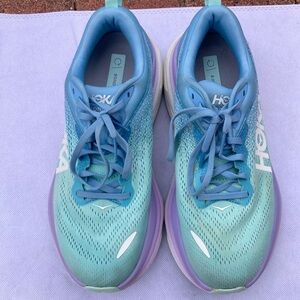 Hoka Bondi 8  Blue Athletic Shoes with Lavender Accents and Cushioned Sole